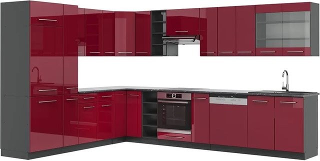 Vicco Fame-Line Eckküche Bordeaux Hochglanz und Anthrazit, B/T/H: 347 x 257 cm - Bild 1