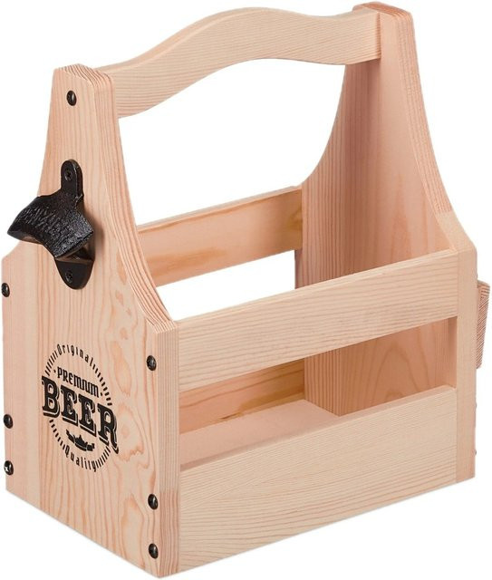 Relaxdays Bierträger aus Holz in Natur mit Flaschenöffner, B/T/H: 30 x 28,5 x 16 cm - Bild 1