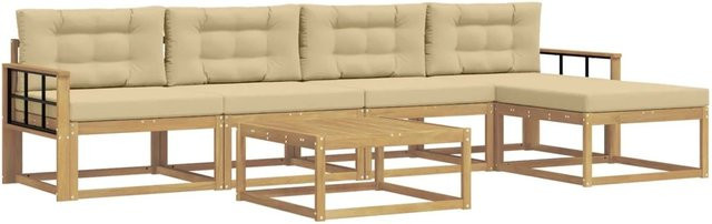 vidaXL Outdoor-Sofagarnitur L-Form aus Akazienholz mit 6 Teilen in Weiß und Beige, inklusive Polster und Ottoman, B/T/H: 79 x 79 x 37 cm - Bild 1