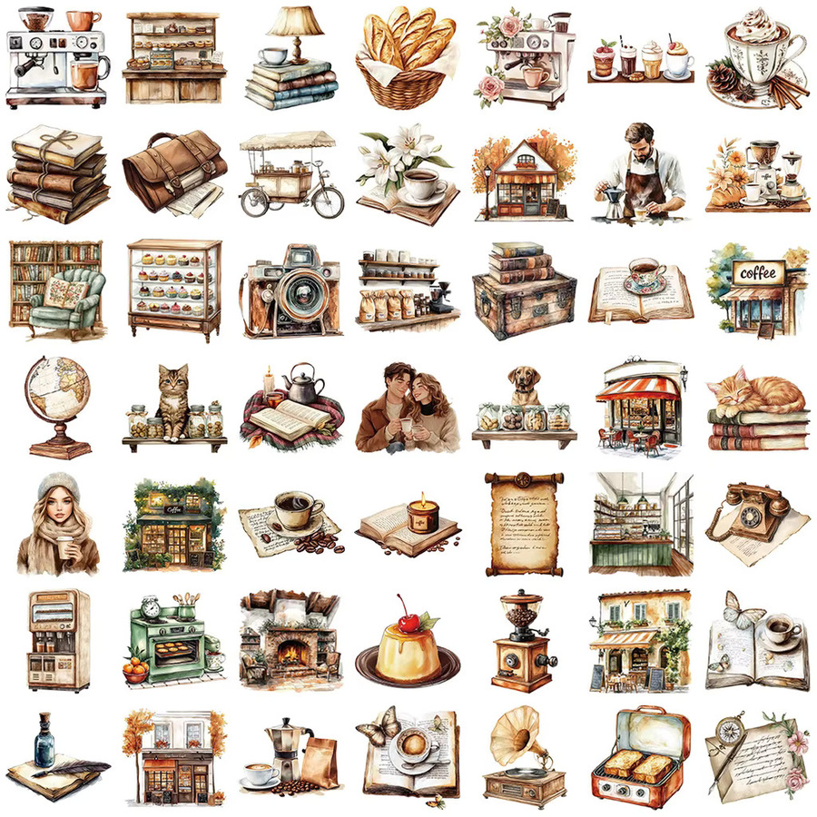 50 Stück transparente Vintage Kaffee Aufkleber aus wasserfestem PET für Scrapbooking und Dekoration von AnimeWorlds Store - Bild 2