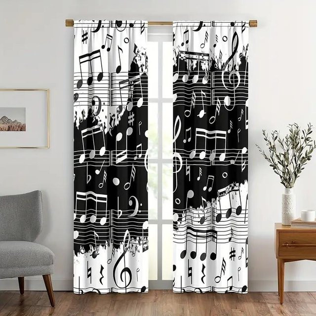 2er-Set Vorhang mit Musiknoten-Druck von Household supplies MH, halbtransparent, schwarz-weiß, B: 150 cm, H: 166 cm - Bild 1