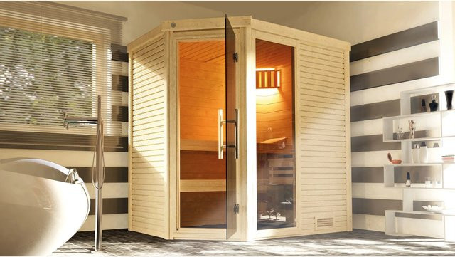 WEKA Massivholzsauna Cubilis Eck 1 für 4 Personen in Braun inklusive 5,4 kW Ofen mit integrierter Steuerung und Kompakt Saunaleuchtenset - Bild 3