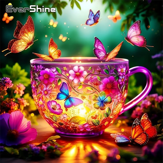 Evershine Diamant-Stickerei Mosaik Set mit Teetasse und Schmetterling als Landschafts-Strassbild in Multicolour, B/B/B: 20 x 20 x 20 cm - Bild 1