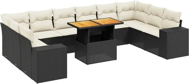 vidaXL 11-teilige Garten-Sofagarnitur in L-Form aus Polyrattan und Akazienholz mit Kissen in Schwarz-Creme - Bild 1