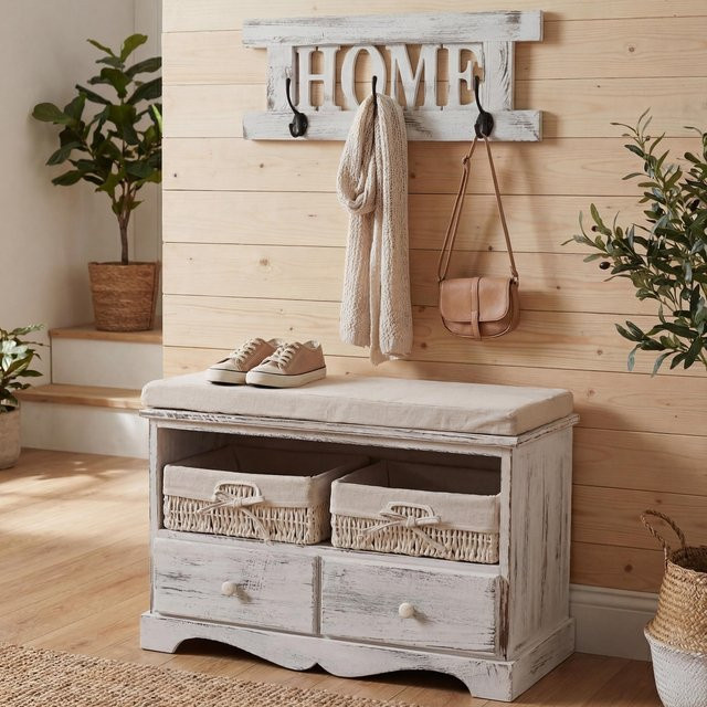 MCW Garderobe mit Sitzbank und 2 Körben im Shabby-Look, Weiß, B/T/H: 42 x 62 x 33 cm - Bild 1