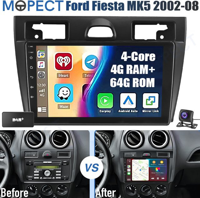 MOPECT 9-Zoll Android 15 Autoradio mit GPS, CarPlay und Bluetooth für Ford Fiesta Mk5 2002-2008, 4+64GB, Schwarz - Bild 1