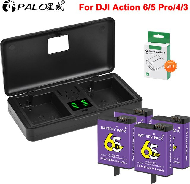 PALO Akku mit Ladebox für DJI Osmo Action 5 Pro 4 3 6 Sportkamera, 2250 mAh, Schwarz - Bild 1