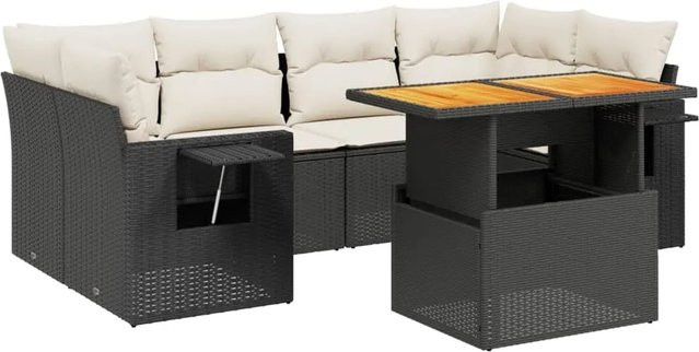 vidaXL 7-tlg. Garten-Sofagarnitur in L-Form aus schwarzem Poly-Rattan mit Kissen und pulverbeschichtetem Stahlrahmen - Bild 1