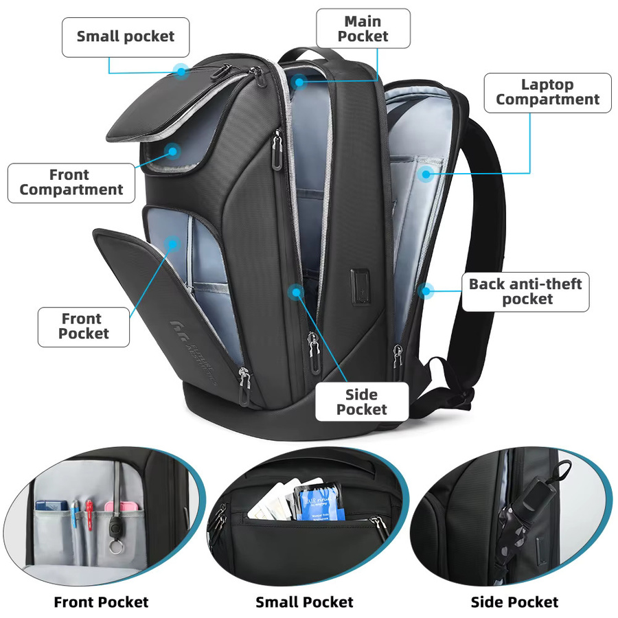Hk Reise-Rucksack für Männer mit USB-C, wasserdichter Laptop-Rucksack für 17,3 Zoll, Schwarz - Bild 5