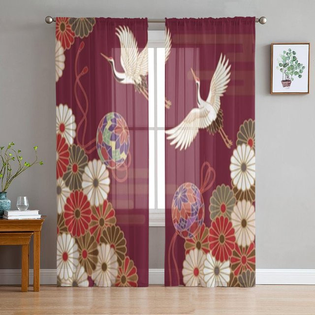 Super Six Transparenter Tüll-Vorhang mit Kranich und Hortensien-Blumenmuster in Rosarot, Breite: 135 cm, Höhe: 114 cm - Bild 1