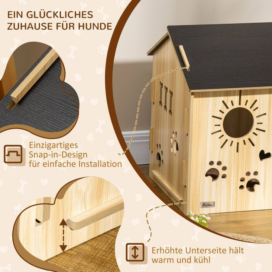 PawHut Hundehütte aus Holz im Landhaus-Design, wetterfestes Kleintierhaus mit erhöhtem Boden, Farbe: Schwarz/Eiche, B/H/L: 50 x 58,5 x 69 cm - Bild 5