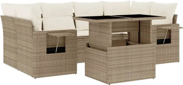 vidaXL 7-tlg. Garten-Sofagarnitur in L-Form aus Poly-Rattan mit Kissen in Beige und Cremeweiß - Bild 1