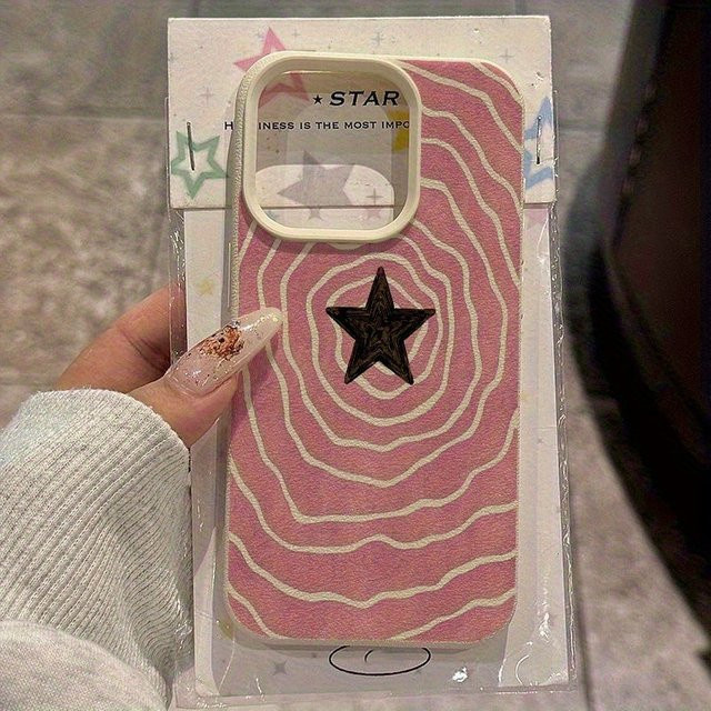 Apple Handyhülle mit Litschi-Struktur und Sternenmuster in Pink und Beige für iPhone 17, 16, 15 Pro Max Plus Series - Bild 1