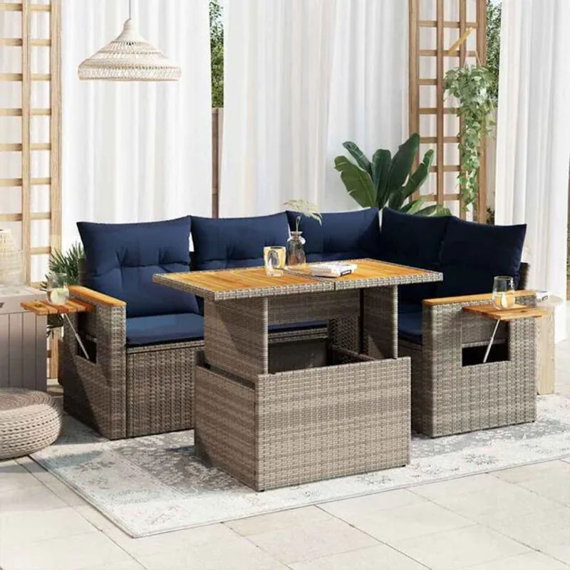 5-tlg. Garten-Sofagarnitur aus Polyrattan und Akazienholz mit Kissen in Grau und Blau von vidaxl - Bild 1