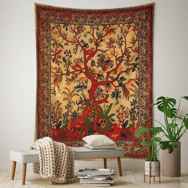 Retro Wandteppich mit abstraktem Blatt- und Baumdesign von Binchi Outdoor Equipment, Mehrfarbig, Breite: 150 cm, Höhe: 100 cm - Bild 1