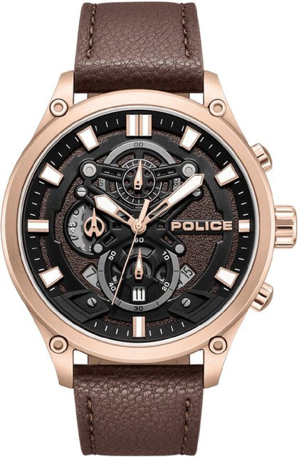 Police Chronograph Herrenuhr, Quarz, Edelstahl, Leder, 46 mm, Schwarz - Bild 1