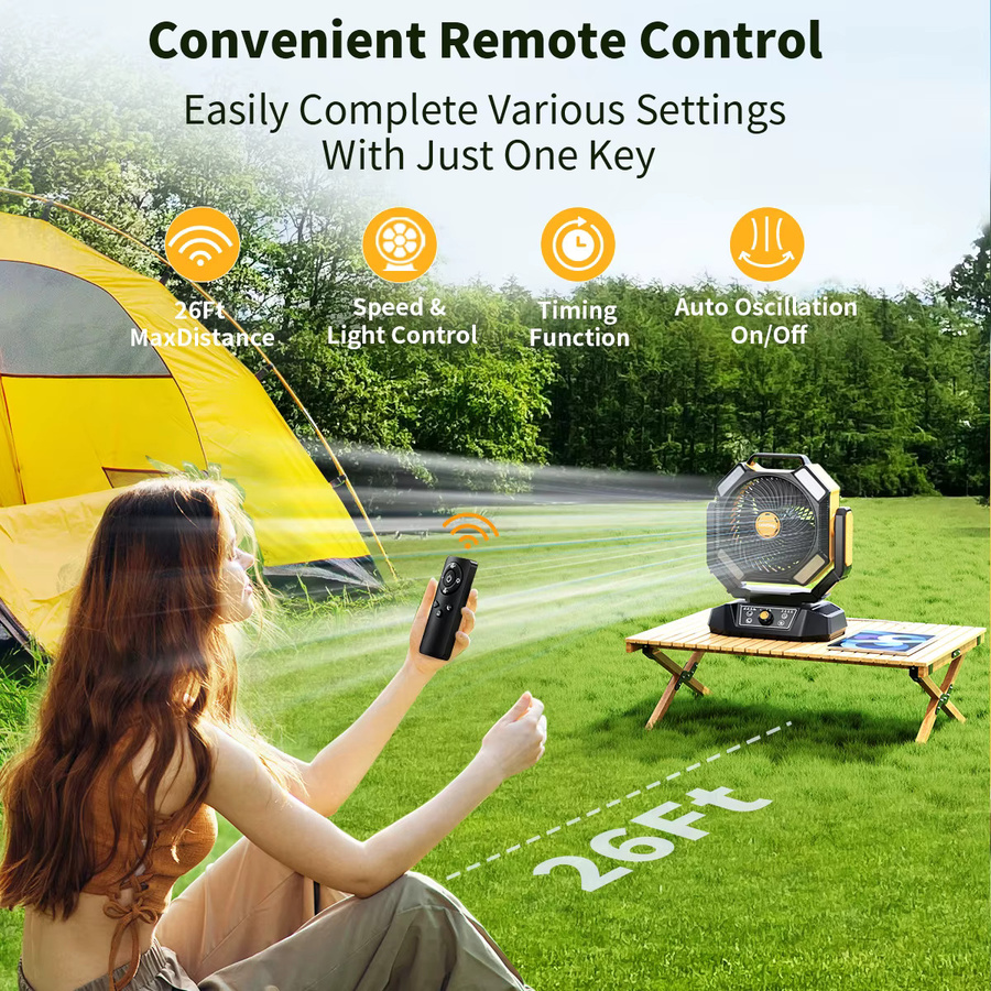 coldSky Camping-Ventilator mit 40000 mAh Akku, batteriebetriebener Tischventilator mit 4 LED-Lichtern, 8 Geschwindigkeiten und Fernbedienung, tragbar und wiederaufladbar, Gelb/Schwarz - Bild 3