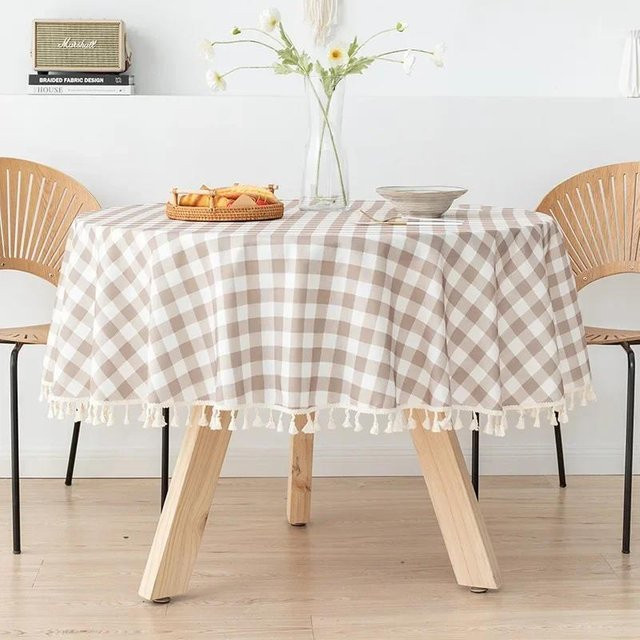 Runde Tischdecke von JINGYUE Pet aus Leinen in Beige, wasserabweisend und minimalistisch im Design, Durchmesser: 140 cm - Bild 1