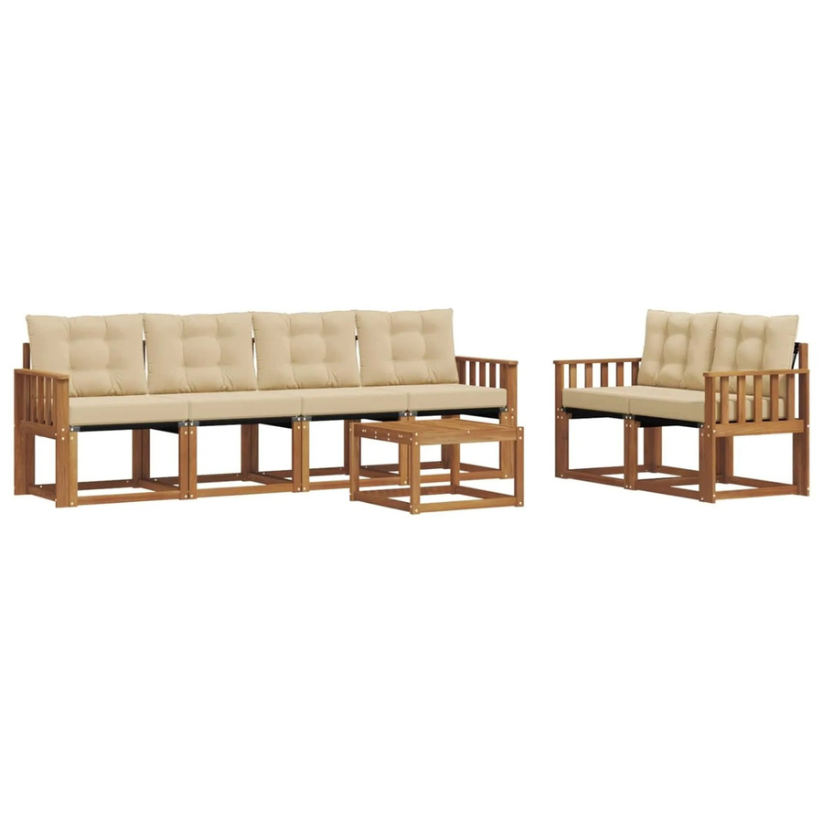 vidaXL Outdoor-Sofagarnitur 7-teilig aus Akazienholz und Textilene in Natur und Beige mit Kissen und Tisch - Bild 2