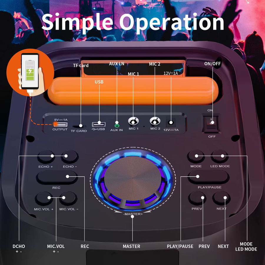 FanFun Karaoke-Maschine mit 2 kabellosen Mikrofonen, 24 Zoll tragbarer Bluetooth-Lautsprecher mit RGB-Licht und PA-System in Schwarz - Bild 2