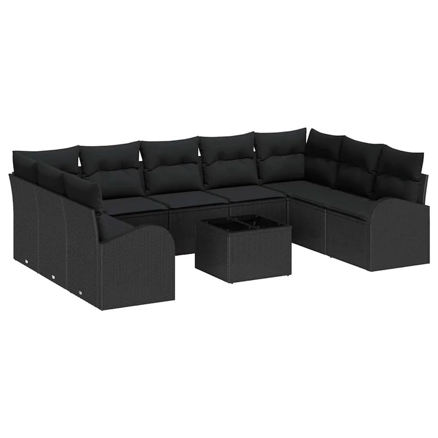 vidaXL Garten-Sofa-Set 10-teilig aus Poly-Rattan in Schwarz mit Polsterkissen und Tisch in U-Form - Bild 2