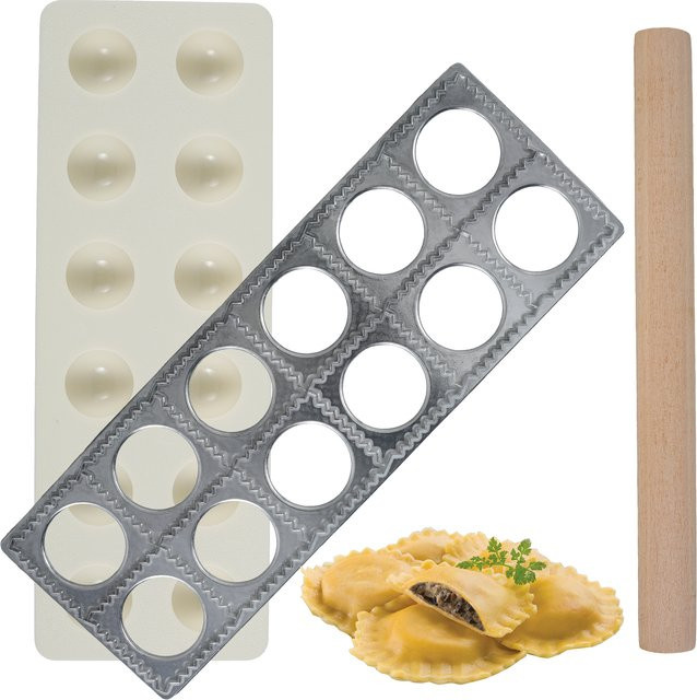 Willstar Ravioli Maker aus Aluminiumlegierung mit 12 Löchern und Holz-Nudelholz in Silber - Bild 1