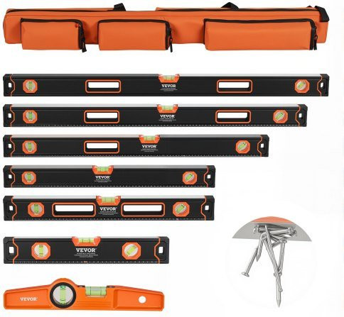 VEVOR 6-teiliges Wasserwaagen-Set aus Aluminiumlegierung in Schwarz-Orange mit Libellen-Lineal für 45/90/180 Grad - Bild 1