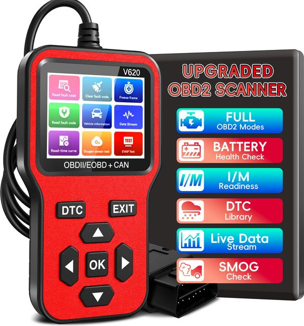 RUOGINSS OBD2-Diagnosescanner in Rot mit Motorlichtcodeleser, Batteriespannungstester und I/M-Bereich zur Fahrzeugprüfung und Fehlerrücksetzung - Bild 1