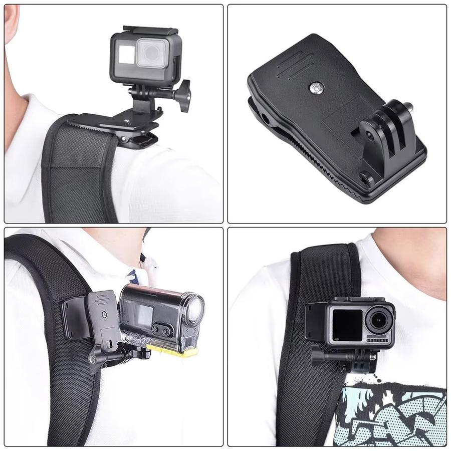360 Grad Rotations Rucksack Gurt Halterung mit Clip für GoPro Hero 11 12 13, DJI Osmo Action 5 Pro 4 und Insta360, Schwarz - Bild 5