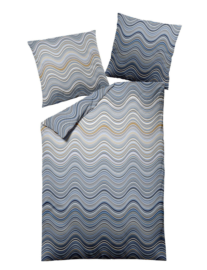 Dormisette Edel Biber Bettwäsche aus Baumwolle mit Wellen-Grafik in Blau und Weiß, B/H: 155 x 220 cm mit Kissenbezug 80 x 80 cm - Bild 1