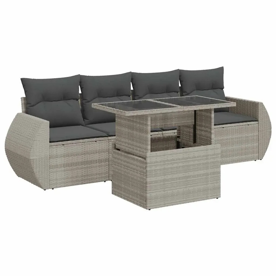 vidaXL 5-teilige Garten-Sofagarnitur aus Polyrattan in Grau mit Kissen und Glastisch - Bild 2