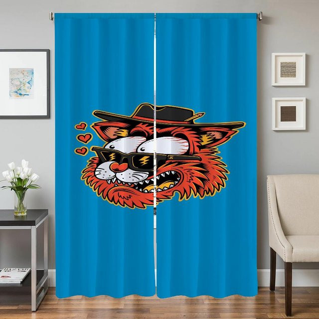 2-teiliges semi-transparentes Fenster- und Küchenvorhang-Set von Household supplies MH mit Tier-Grafik in Blau, B: 50 cm, H: 70 cm - Bild 1