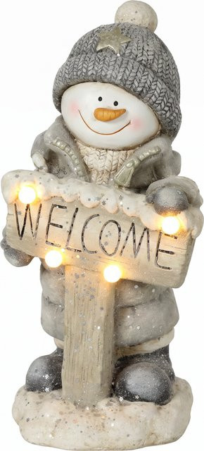 HOMCOM Weihnachtsdeko Schneemann-Figur aus Magnesiumoxid in Grau und Weiß mit warmweißen LEDs und Welcome-Schild, Höhe: 46 cm - Bild 1