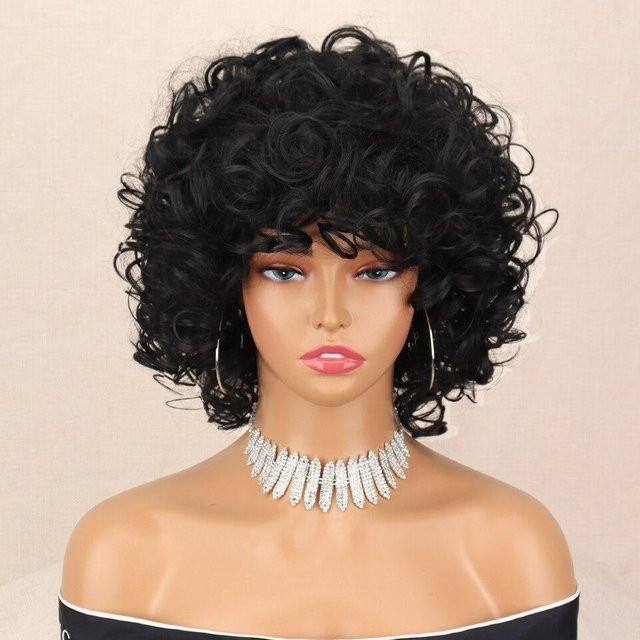 MISS WIG Perücke, kurze lockige Afro-Kinky-Locken mit Pony, schwarz, Unisex - Bild 1