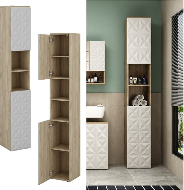 Vicco Badschrank Edge Hochschrank Badezimmer in Weiß und Eiche mit 2 Türen und Regalfächern B: 30 cm, H: 190 cm - Bild 1