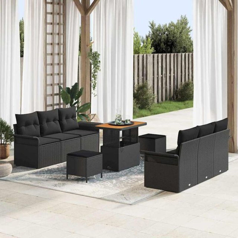 vidaXL Garten-Sofa-Set aus Polyrattan mit Kissen in Schwarz, 9-teiliges Loungemöbel-Set, B/T/H: 90 x 55 x 71 cm - Bild 1