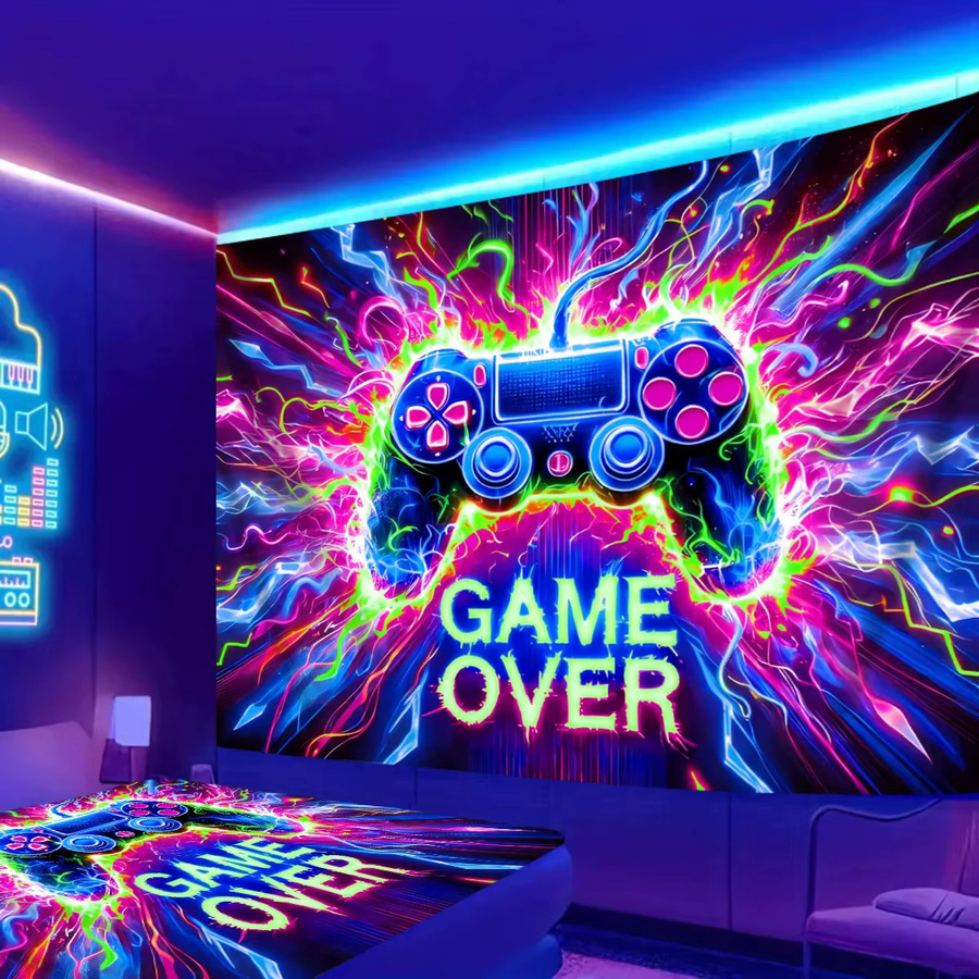 VIKAMA Neon Gaming Wandteppich mit Graffiti Schriftart und Paint Drip Design, Mehrfarbig, B: 60 cm, H: 40 cm, T: 40 cm - Bild 1