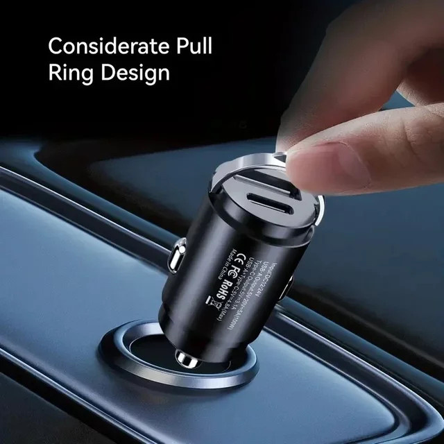 Schnelles 66W USB-C Auto Ladegerät aus Metall in Schwarz mit Mini Pull Ring - Bild 1