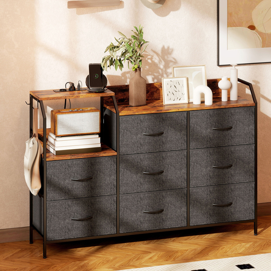 HOMCOM Kommode Schrank mit 8 Schubladen aus Vliesstoff und Stahlrahmen mit Ladestation und Haken, Rustikal-Braun+Schwarz - Bild 2