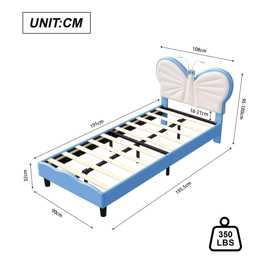 HYNHXBP Kinderbett mit gepolstertem Rahmen und Schmetterlings-Kopfteil in Blau, B/T: 90 x 200 cm - Bild 2