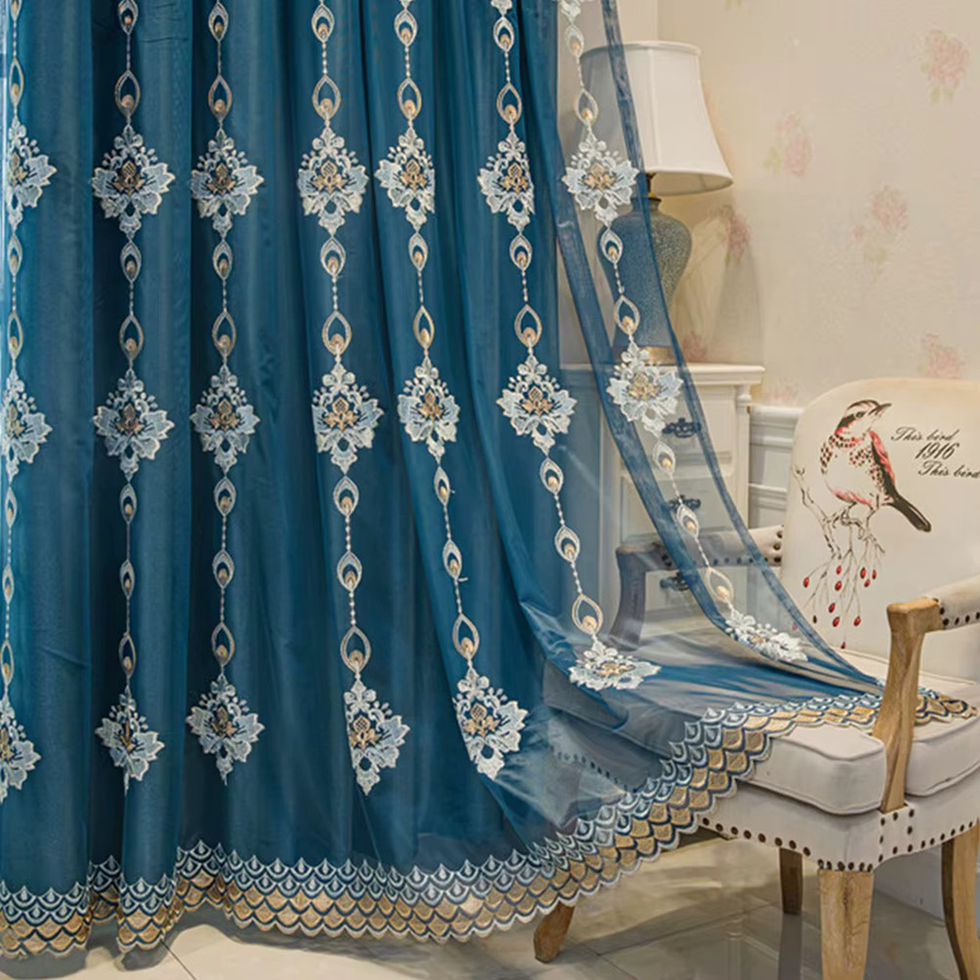 CENTURyMiG Vorhang mit floraler Stickerei im modernen koreanischen Bauernhaus-Stil, blau, lichtundurchlässig, B: 100 cm, H: 200 cm - Bild 2