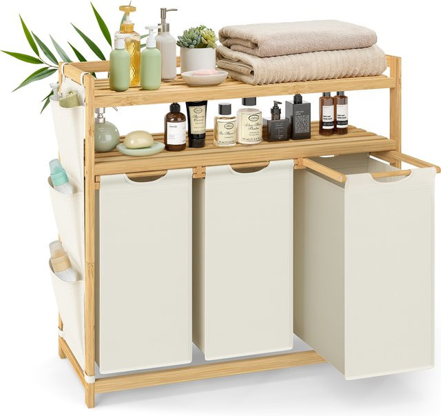 SONGMICS Wäschekorb aus Bambus mit drei Fächern und Kleiderständer, 150 Liter, cremeweiß/beige, inklusive herausnehmbarem Wäschesack und Seitentaschen - Bild 1