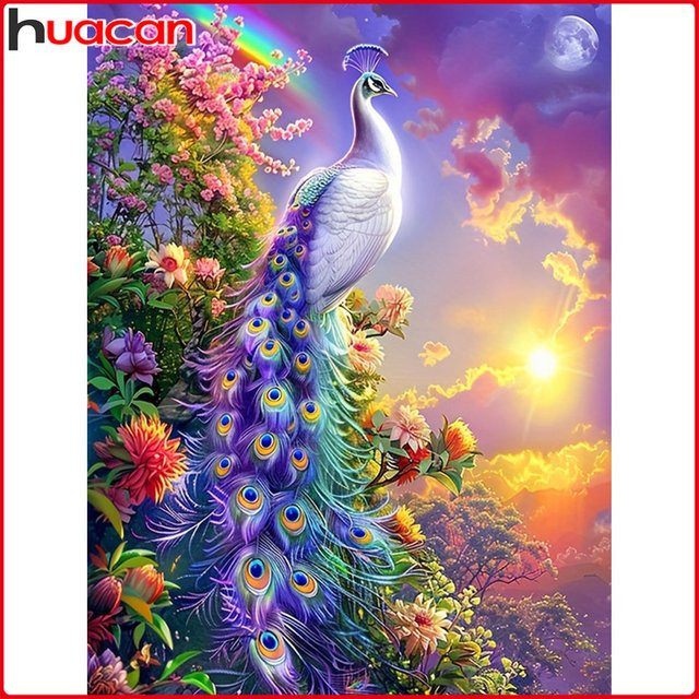 Huacan DIY Diamantmalerei Set Pfau im Sonnenuntergang als Strassstein Bild in Multicolour, Breite: 30,0 cm, Höhe: 20,0 cm - Bild 1