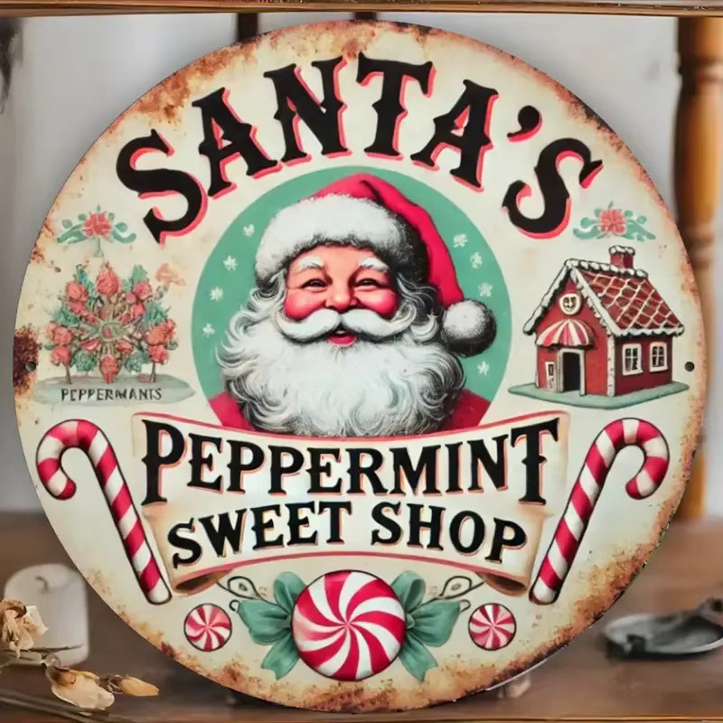 Potdemiel Vintage Santa's Mint Candy Shop Metallschild Weihnachts-Wanddekoration rund, Mehrfarbig, Durchmesser: 20 cm - Bild 3