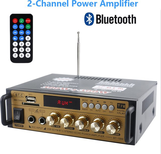 Luxuglow 2-Kanal Bluetooth Leistungsverstärker mit Fernbedienung, Mini Audioverstärker für Auto und Zuhause mit USB und SD-Kartenslot - Bild 1