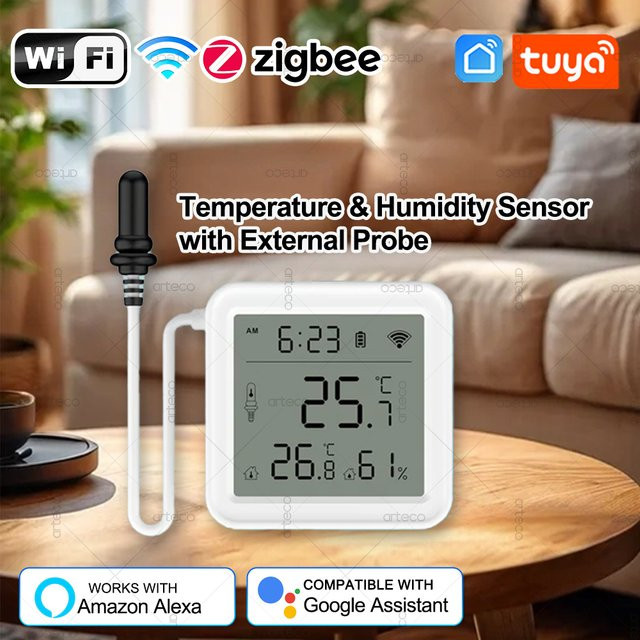 Tuya WiFi Zigbee Temperatur-Feuchtigkeitssensor mit externer Sonde, kabelloses Thermometer und Hygrometer in Weiß für App-Fernüberwachung und Sprachsteuerung mit Alexa - Bild 1