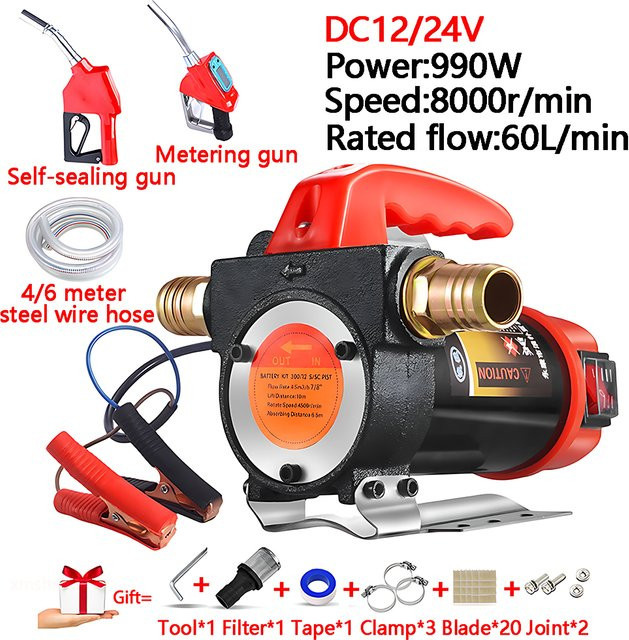 xmshxltd Kraftstoff-Förderpumpe für Diesel und Öl, 12V/24V, 60L/min, Selbstansaugend mit Automatischer Abschaltung, Farbe: Rot - Bild 1