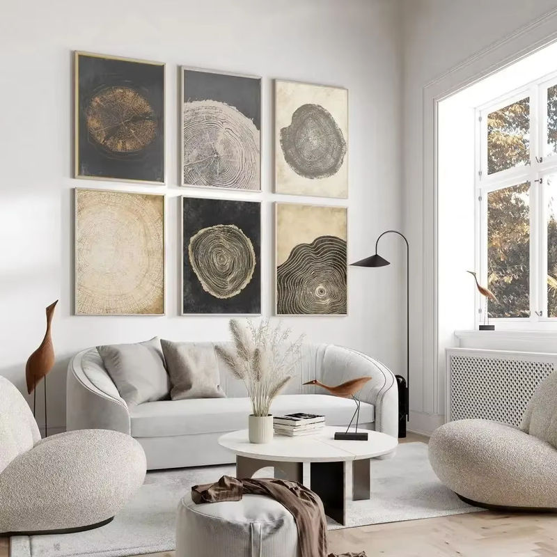 Potdemiel Abstrakte Leinwand Wandkunst mit Holz-Baum-Ringen im Boho-Stil, Mehrfarbiges Nordisches Poster für dein Wohnzimmer - Bild 2