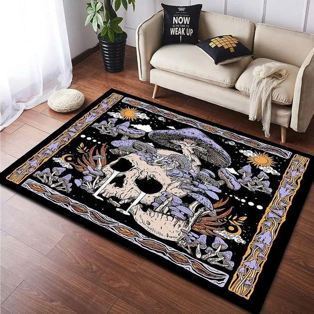 Karpetti Kristall-Samt Teppich mit Schädel- und Pilz-Muster, grau, B/T: 90 x 60 cm - Bild 1