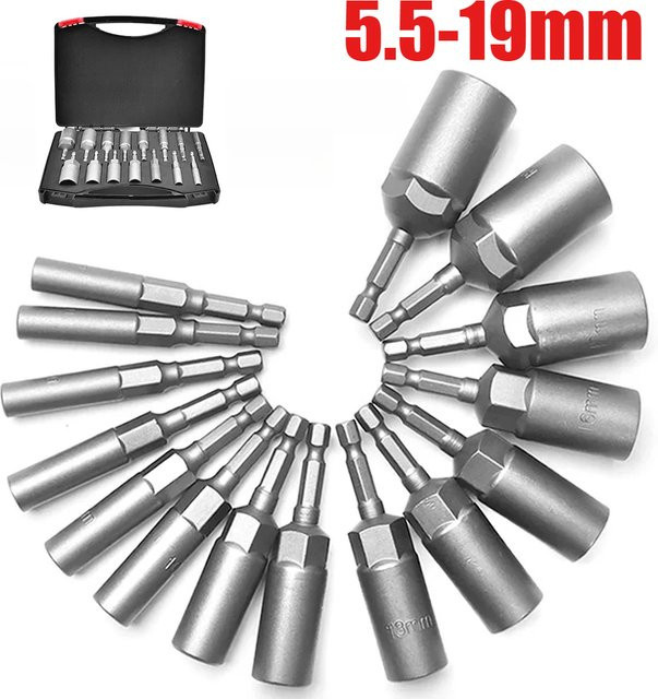 Sechskant-Steckschlüsselsatz und Schraubendreher-Set in Silber mit Bits für Elektrowerkzeuge, 5,5 mm bis 19 mm - Bild 1